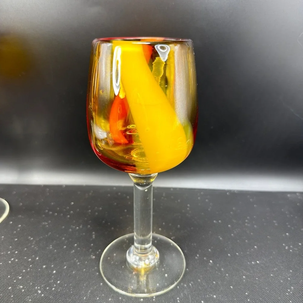 Pier 1 Hand Blown Art Glass Cups Glasses Set of 2 Amber Red Yellow Swirl Stripe